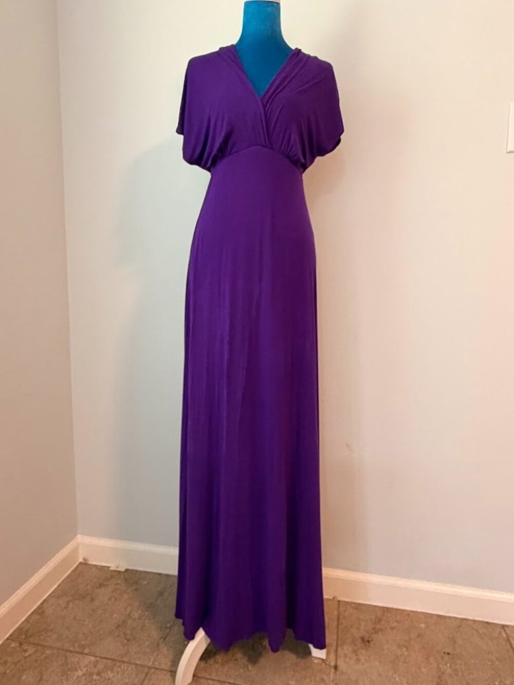 24seven Purple Maxi Dress Empire Waist V Neck Rayon Spandex Size M